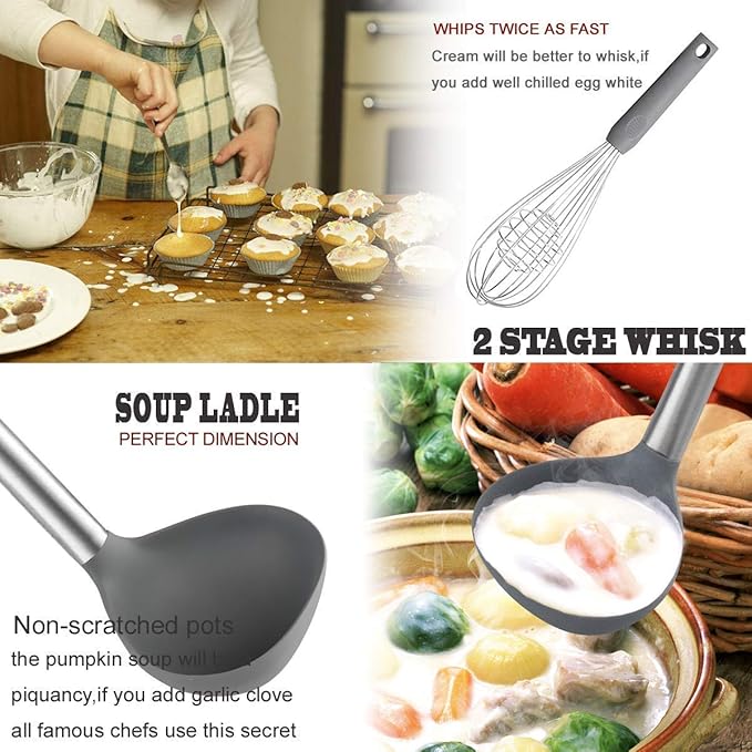 Silicone Kitchen Cooking Utensils Set with Stainless Steel Handle, Spatula Set Utensil Set, Cooking Utensil Set,Kitchen Tools Gadgets for Nonstick Cookware (11, Gray) - Image 4