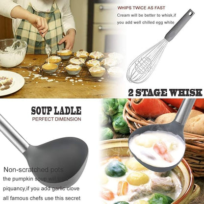 Silicone Kitchen Cooking Utensils Set with Stainless Steel Handle, Spatula Set Utensil Set, Cooking Utensil Set,Kitchen Tools Gadgets for Nonstick Cookware (11, Gray) - Image 4