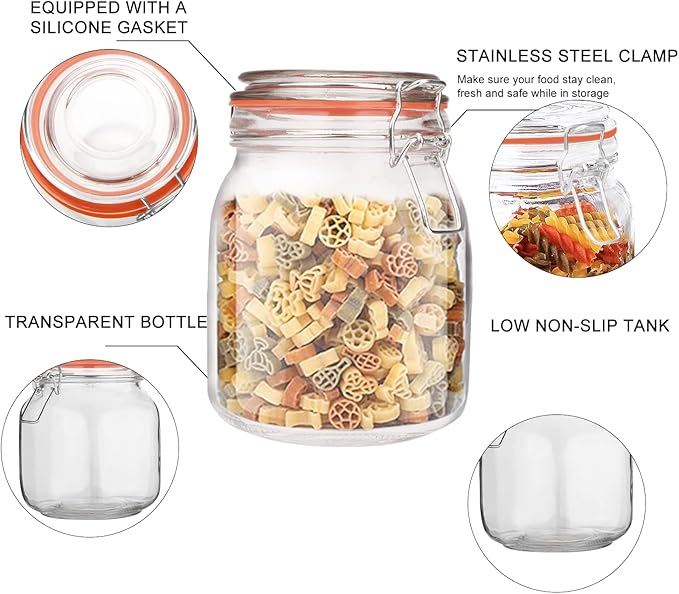 32 oz Glass Food Storage Jars with Airtight Lids,Clear Airtight Canister with Leak Proof Rubber Gasket,1000 ml Square Large Mason Jars with Clamp Lids for Canning,Cereal,Beans,6 Pack - Image 3