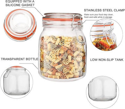 32 oz Glass Food Storage Jars with Airtight Lids,Clear Airtight Canister with Leak Proof Rubber Gasket,1000 ml Square Large Mason Jars with Clamp Lids for Canning,Cereal,Beans,6 Pack - Image 3
