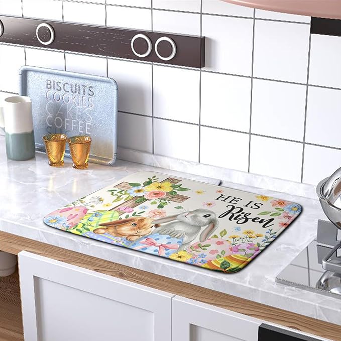 He is Risen Easter Dish Drying Mat for Kitchen Counter Bunny Floral Cross Dish Drainer Mats Spring Rabbit Flowers Egg Dish Drying Pads Absorbent Microfiber Reusable Dish Rack Mat 16x18 Inch - Image 5