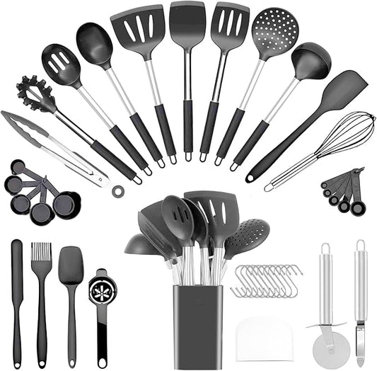 Silicone Cooking Utensils Set Utensil: 40 Pcs Black Stainless Steel Cookware Set, Nonstick Silicone Cooking Utensils Set, (Grey) by InspiredLivingKitchenHealth