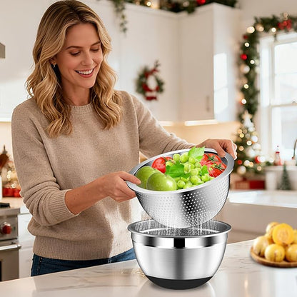 DUTZUN Mixing Bowls with Lids Set - 16pcs Stainless Steel Mixing Bowl Set with Colander, 3 Grater Attachments, Non-Slip Bottom, Metal Nesting Bowls with Strainer for Mixing & Serving - Black - Image 5