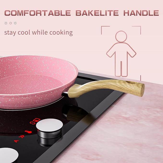 Frying Pan Nonstick Set, 8" & 9.5" & 11" Pink Egg Pan, Non Stick Fry Pan Set PFOA-Free Omelet Pan, Toxin-Free Skillets Stone Cookware, Anti-Warp Base with All Stove Tops Available,Induction Compatible - Image 4