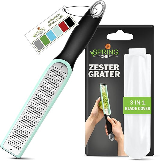 Spring Chef Premium Lemon Zester Grater with Handle - Fruit, Lime, Orange, Nutmeg, Garlic Grater - Heavy Duty Kitchen Tool - Stainless Steel Citrus Zester with Blade Cover - Fine Shred - Mint/Black by SpringChef