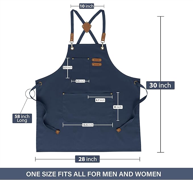 RUVANTI Work Aprons for Men, Oil & Water Repellent, PolyCotton Cross Back Aprons for Women with Pockets, Adjustable up to XXL, Chef Aprons for Cooking, Grilling, Welding, Woodworking - Blue Aprons