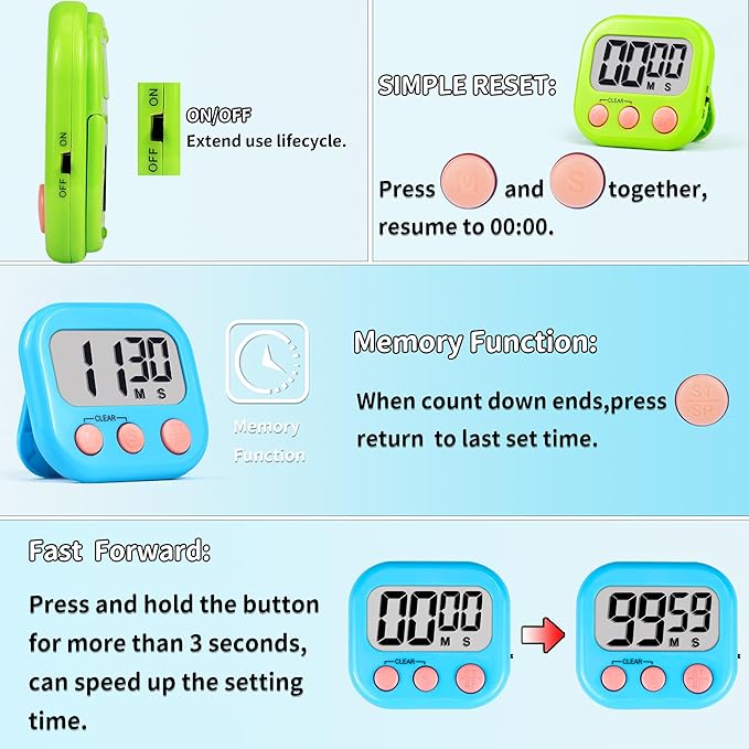 Timer for Kids Teachers Digital Kitchen Timers for Cooking Large Magnetic Classroom Timer 12Pack-Blue Green