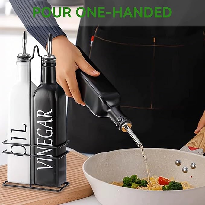 Vakoo Oil and Vinegar Dispenser Set - 17oz/500ml, Extra Thick Glass, Leak-Proof, Olive Oil Dispenser Bottle for Kitchen (White Black) - Image 6