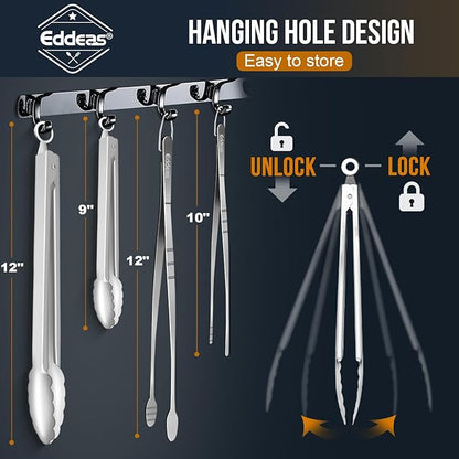 Eddeas Tongs For Cooking - Heat Resistant 600 Degrees, All Metal Kitchen Tweezers Tongs, Heavy Duty Stainless Steel Cooking for Food, Grill, BBQ, Dishwasher safe Set of 4 (12" & 9in) - Image 9