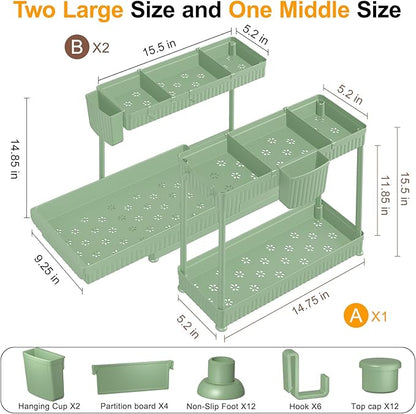 Sevenblue 3 Pack Multi-Purpose Under Sink Organizers and Storage, 2026 L-Shaped Pull Out Cabinet Organizer for Bathroom & Kitchen, Under Cabinet Organizer with Hooks Hanging Cup (Green, 14.85 inch) - Image 6