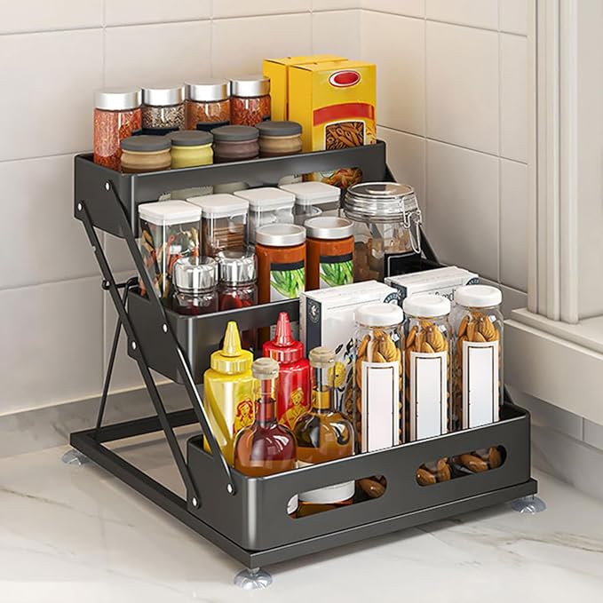 Ceetug 3 Tier Foldable Spice Rack for Countertop Iron Kitchen Seasoning Organizer for Cabinet, Black by ceetug