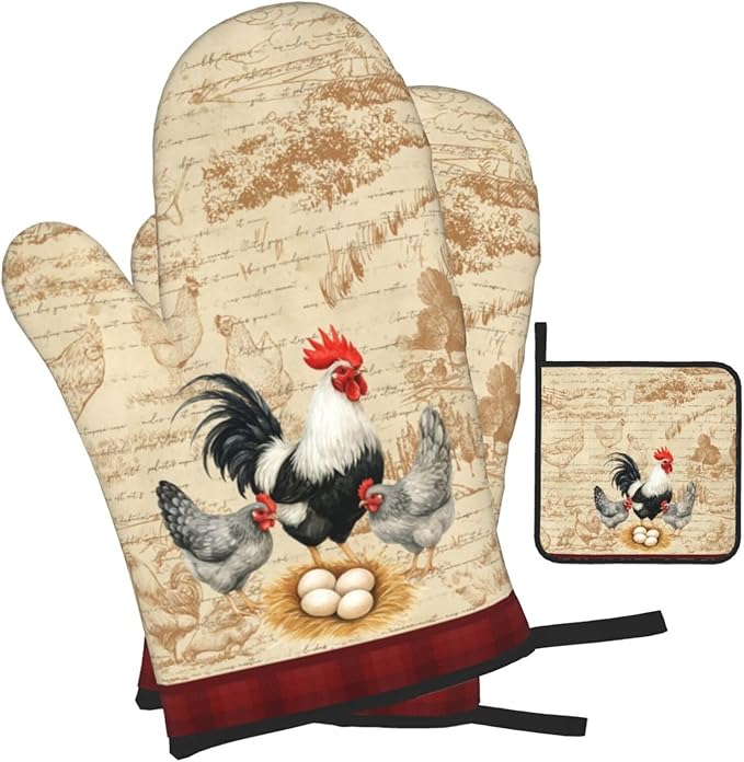 Rooster Chichen Oven Mitts and Pot Holders Sets,Cute Hot Pads Baking Gloves,Vintage Kitchen Mitts for Oven,Chichen Gifts & Baking Gifts for Women