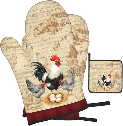 Rooster Chichen Oven Mitts and Pot Holders Sets,Cute Hot Pads Baking Gloves,Vintage Kitchen Mitts for Oven,Chichen Gifts & Baking Gifts for Women