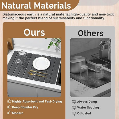 Large Stone Dish Drying Mat for Kitchen Counter,2 PCS Quick Dry Stone Mats,Foldable Water Absorbing Diatomaceous Drying Pad for Countertop Bottles Utensils Cups (Flow Line Dark Gray 24"x16" & 8"x4") - Image 7
