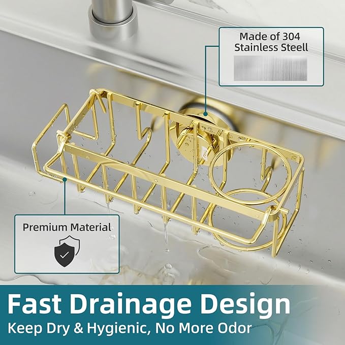 TAILI 4-in-1 Sink Caddy with Strong Suction Cup, Sponge Holder for Kitchen Sink Organizer, Removable, Rustproof, Stainless Steel Holder for Sponge, Brush, Scrubber, Scraper - Gold - Image 4