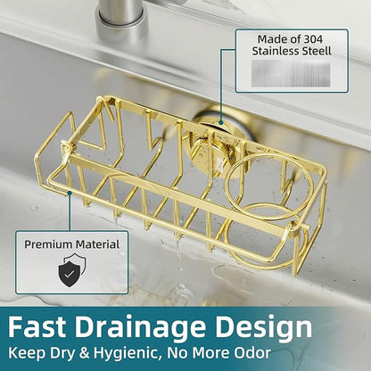 TAILI 4-in-1 Sink Caddy with Strong Suction Cup, Sponge Holder for Kitchen Sink Organizer, Removable, Rustproof, Stainless Steel Holder for Sponge, Brush, Scrubber, Scraper - Gold - Image 4