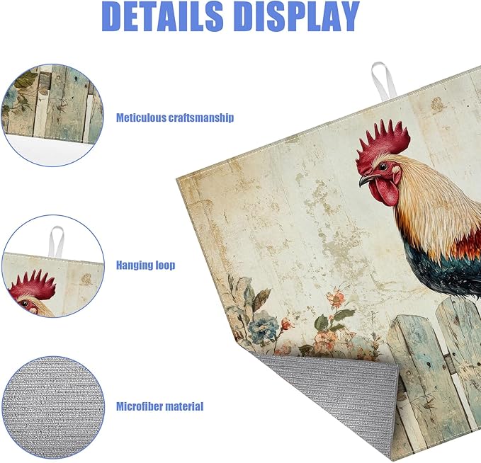 Vintage Rooster Dish Drying Mat for Kitchen Counter Farmhouse Drying Pad Absorbent Reversible Dish Drainer Rack Mats Draining Pad 18"x24"Inch - Image 3
