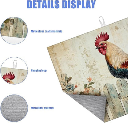 Vintage Rooster Dish Drying Mat for Kitchen Counter Farmhouse Drying Pad Absorbent Reversible Dish Drainer Rack Mats Draining Pad 18"x24"Inch - Image 3