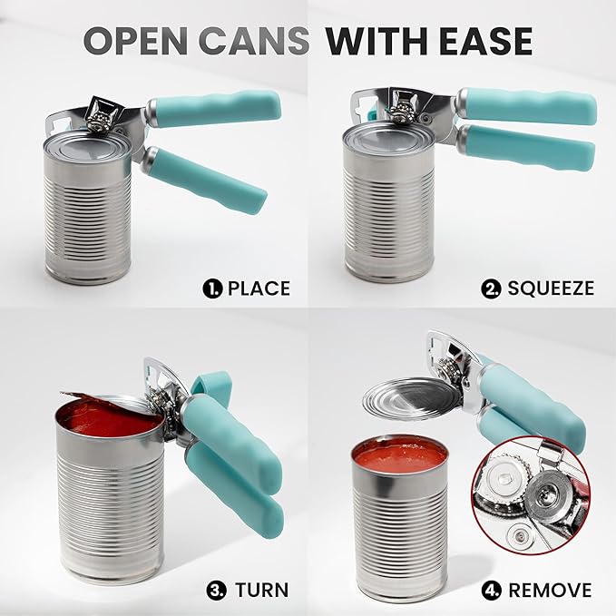 Zulay Kitchen Heavy Duty Stainless Steel Can Opener Manual with Bottle Opener - Rust Proof Manual Can Opener With Turn Knob & Comfy Soft Grip Handles - Teal - Image 6