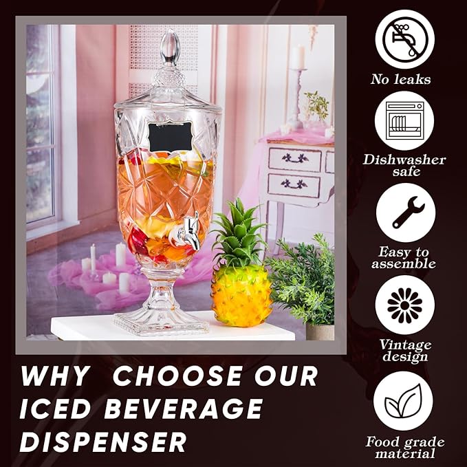 Zhehao 2 Pcs Drink Dispensers for Parties 0.8 Gallon Glass Beverage Dispenser Clear Vintage Crystal Beverage Dispenser with Spigot and 2 Wooden Chalkboard Wide Mouth Beverage Server for Bar Home - Image 5