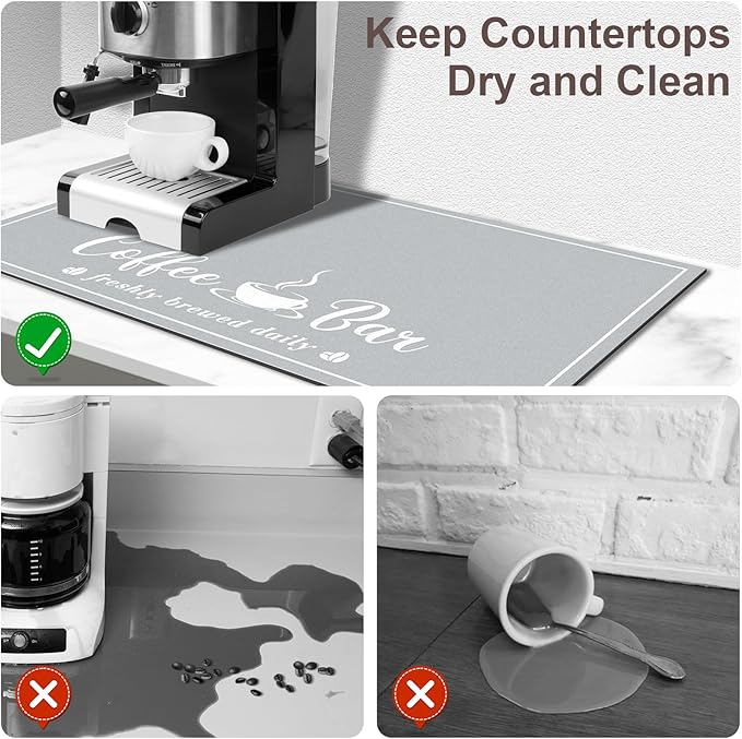 CooRug Absorbent Coffee Mat, Fashion Dish Drying Mat for Kitchen Counter Coffee Bar Accessories Espresso Machine Dish Rack 12" x 20" Light Grey - Image 3