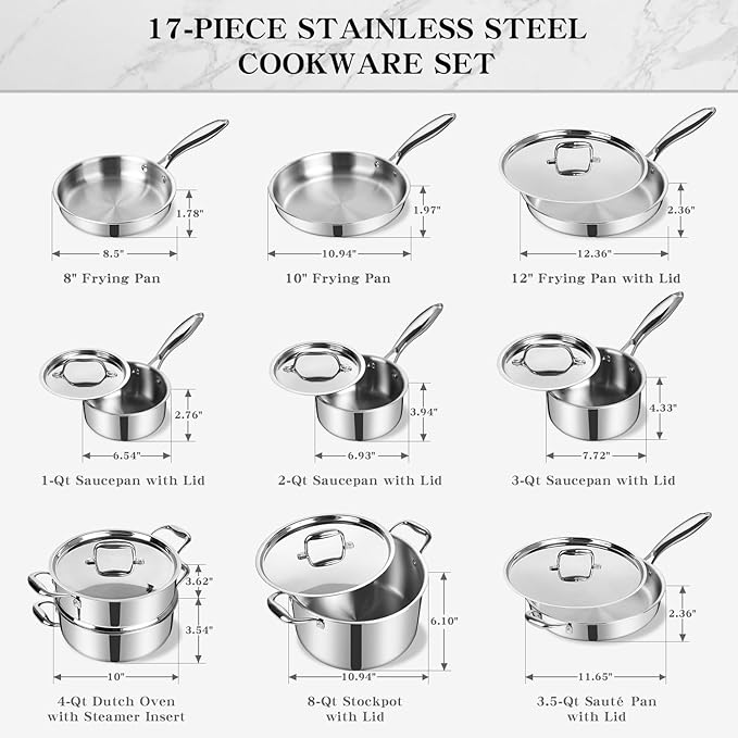 EWFEN Stainless Steel Cookware Set, 3 Ply 17 Piece Stainless Steel Pot and Pan Set, Oven Dishwasher Safe | Induction Compatible Frying Pans, Saucepans, Saute Pan & Stock Pot, PFOA, PTFE & PFOS Free - Image 3