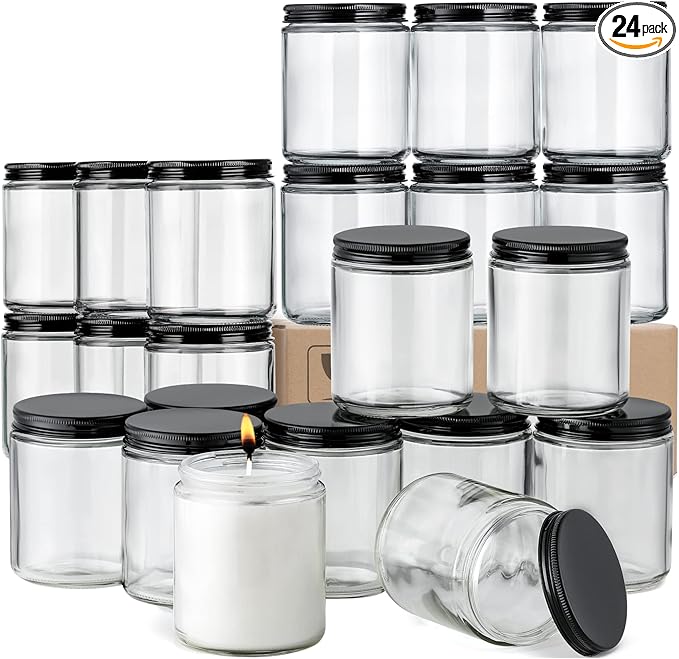 24 Pack, 8 OZ Thick Glass Jars with Metal Lids, Clear Round Candle Making Jars,Empty Food Storage Containers, Mason Canning Jar For Spice, Powder, Liquid, Sample, Lotion, Cosmetic,Dishwasher Safe by AOZITA