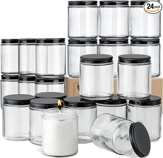 24 Pack, 8 OZ Thick Glass Jars with Metal Lids, Clear Round Candle Making Jars,Empty Food Storage Containers, Mason Canning Jar For Spice, Powder, Liquid, Sample, Lotion, Cosmetic,Dishwasher Safe by AOZITA