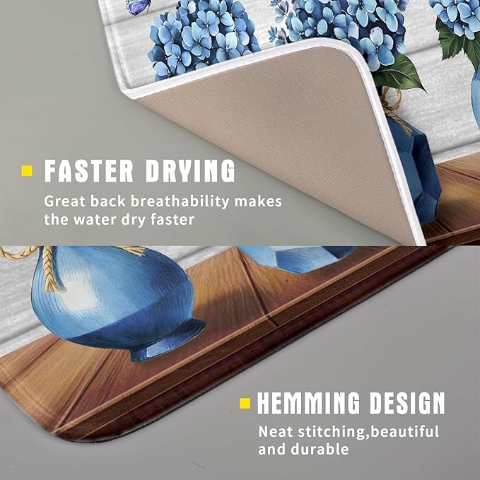 Giwawa Blue Hydrangea Dish Drying Mat for Kitchen Vintage Wood Board Floral Butterfly Dish Drainer Mats 16x18inch Rustic Flowers Dish Drying Rack Pad Protector for Countertop Dining Decor