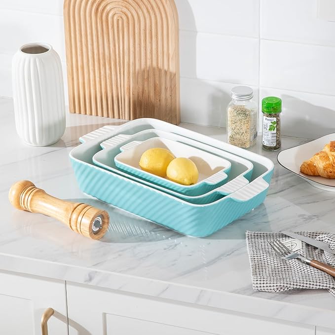 Sweejar Ceramic Baking Dish Set, Cake Baking Dish for Brownie, Porcelain Striped Casserole Dishes for Oven with Handle for Lasagna, Family Dinner(Turquoise) - Image 4