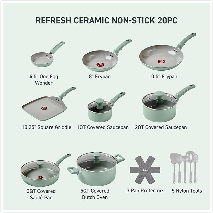 T-Fal Refresh Ceramic Nonstick Cookware Set, 20-Piece, Oven Safe to 350°F, Stockpot, Ceramic Pots and Pans Set, Frying Pans, Griddle, Utensils, Mint Green - Image 2