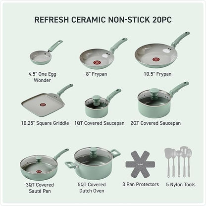 T-Fal Refresh Ceramic Nonstick Cookware Set, 20-Piece, Oven Safe to 350°F, Stockpot, Ceramic Pots and Pans Set, Frying Pans, Griddle, Utensils, Mint Green - Image 2