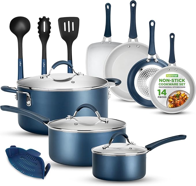 NutriChef 14-Piece Navy Blue Nonstick Cookware Set - Durable Pots and Pans Set with Lids & Utensils, Compatible with All Cooktops by NutriChef%E2%84%A2Kitchen