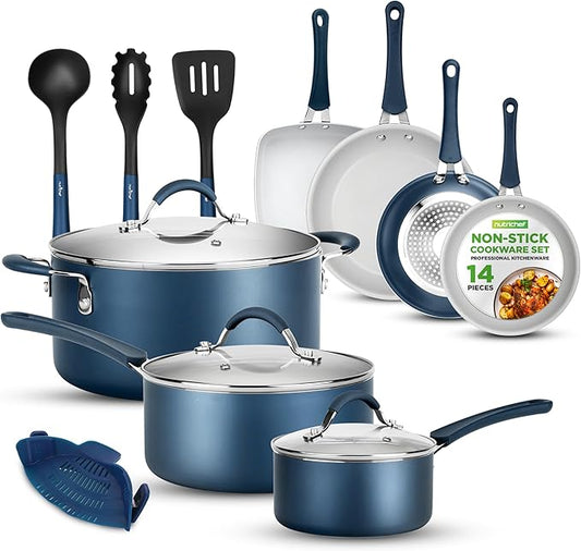 NutriChef 14-Piece Navy Blue Nonstick Cookware Set - Durable Pots and Pans Set with Lids & Utensils, Compatible with All Cooktops by NutriChef%E2%84%A2Kitchen