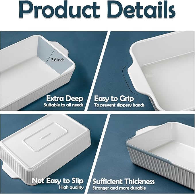 Dizada 9x13 Casserole Dish Set of 2 - Deep 4.2 Qt Porcelain Baking Dishes, Ceramic Bakeware for Lasagna, Roasts, Cake, Oven Microwave Safe(NO LIDS) - Image 6