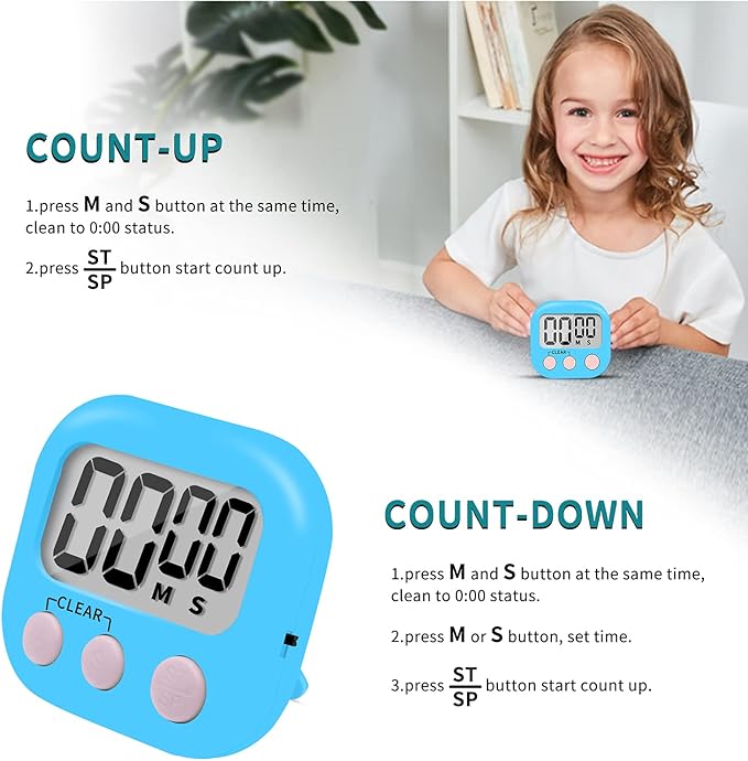 6 Pack Small Digital Kitchen Timer Magnetic Back and ON/Off Switch,Minute Second Count Up Countdown (Blue) - Image 5