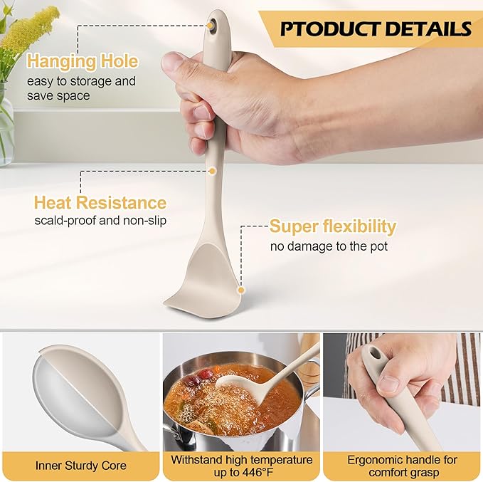 15-Piece Kitchen Cooking Utensils Set with Holder, Homikit Heat Resistant Food Grade Silicone Kitchen Utensils include Slotted Spatula Ladle Turner for Nonstick Cookware, Dishwasher Safe- Khaki - Image 3