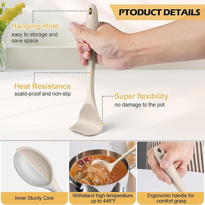 15-Piece Kitchen Cooking Utensils Set with Holder, Homikit Heat Resistant Food Grade Silicone Kitchen Utensils include Slotted Spatula Ladle Turner for Nonstick Cookware, Dishwasher Safe- Khaki - Image 3