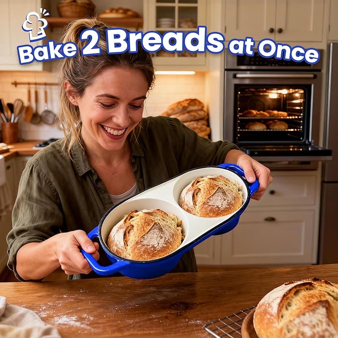 YONILL Mini Double Dutch Oven for Sourdough Bread Baking - Enameled Cast Iron Dutch Oven Pot with Lid and 5" Banneton Bread Proofing Basket Kit, Dual Round Bread Loaf Pan for Homemade Baking (Dark Blue) - Image 2
