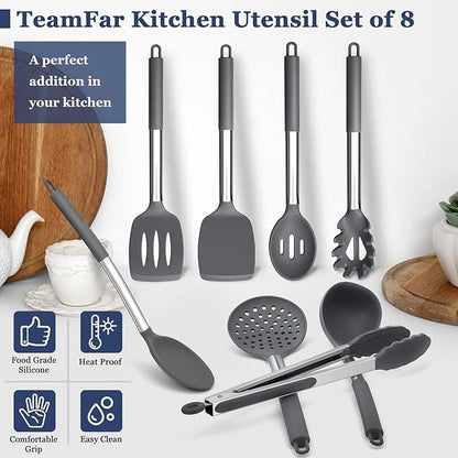 TeamFar Kitchen Utensils, 8PCS Silicone Utensils Kitchen Tools Set with Stainless Steel Handle, for Nonstick Cookware Frying Flipping Draining, Healthy & Anti-heat, Nonstick & Dishwasher Safe - Gray - Image 7