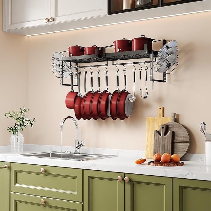 X-cosrack Pot Racks Wall Mounted Set of 2,with Towel Bar and Pots Pans Lids Organizer, Kitchen Cookware Hanging Shelves with 12 Hooks, Black - Image 5