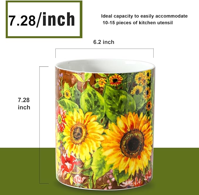 7" Oil Painting Sunflower Utensil Holder, Large Kitchen Utensil Holder Organizer ,Stable Utensil Crock Spatula Holder for Kitchen Counter Countertop Farmhouse Cooking Tools Holder