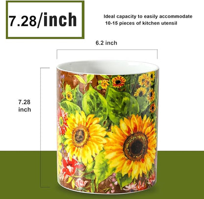 7" Oil Painting Sunflower Utensil Holder, Large Kitchen Utensil Holder Organizer ,Stable Utensil Crock Spatula Holder for Kitchen Counter Countertop Farmhouse Cooking Tools Holder