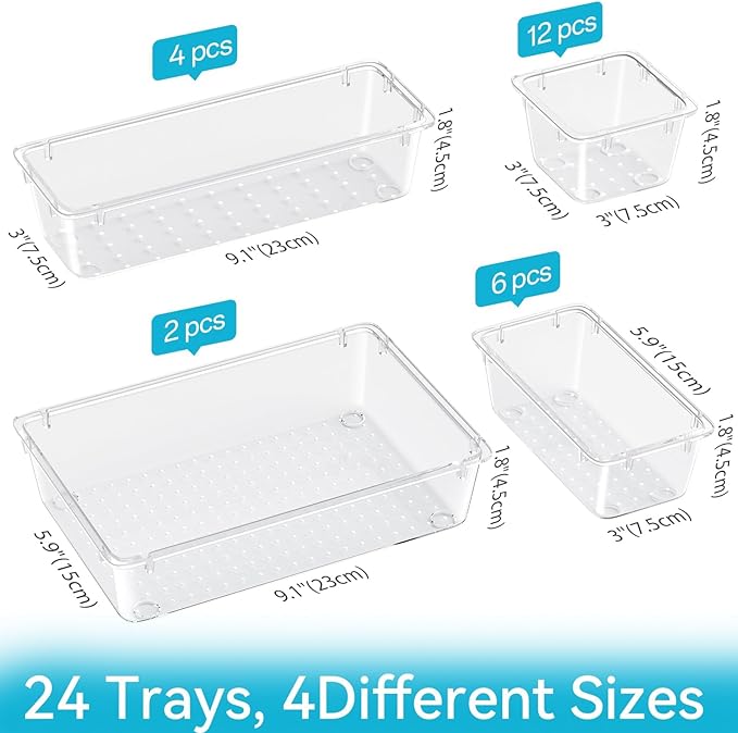 ElegantArray 24 PCS Drawer Organizer Set, 4 Sizes Tool Storage Trays, Clear Plastic Makeup Vanity Organizer and Storage Bins for Makeup, Stationeries, Multiple Gadgets for Bathroom, Office, Bedroom - Image 2