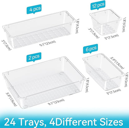 ElegantArray 24 PCS Drawer Organizer Set, 4 Sizes Tool Storage Trays, Clear Plastic Makeup Vanity Organizer and Storage Bins for Makeup, Stationeries, Multiple Gadgets for Bathroom, Office, Bedroom - Image 2