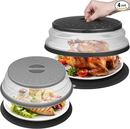 12"&10" Microwave food Cover and Mat,Large Vented Collapsible Splatter Guard dish Plate lid & Silicone Round Kitchen mat,4 in 1 by MAGJIUKE