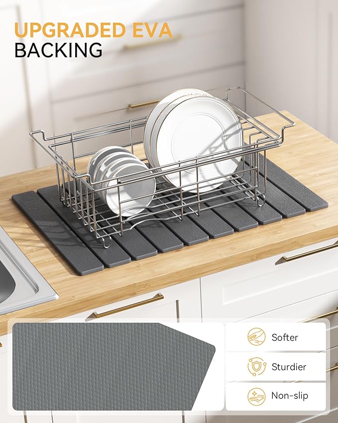 Yofidra Large Stone Dish Drying Mat for Kitchen Counter, Quick Dry Stone Mats with Absorbent Diatomaceous Earth, Foldable Roll Up Drying Organizer Pad for Utensils Plate, 24"×16", Dark Gray - Image 3