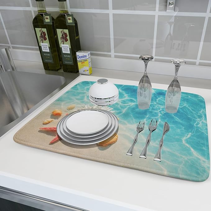 Giwawa Coastal Starfish Dish Drying Mat 18"x24" Ocean Blue Sea Coral Seashell Dish Drainer Mats Nautical Beach Themed Decorative Reversible Dish Drying Pad for Kitchen Countertop Dining Room