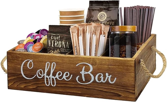 QUALLON Coffee Station Organizer with Small Removable Dividers, Wooden Coffee Bar Accessories Storage For Countertop, Farmhouse Kcup Coffee Pod Holder Basket With Handle For Coffee Lover by QUALLONLIFE