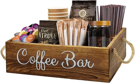QUALLON Coffee Station Organizer with Small Removable Dividers, Wooden Coffee Bar Accessories Storage For Countertop, Farmhouse Kcup Coffee Pod Holder Basket With Handle For Coffee Lover by QUALLONLIFE